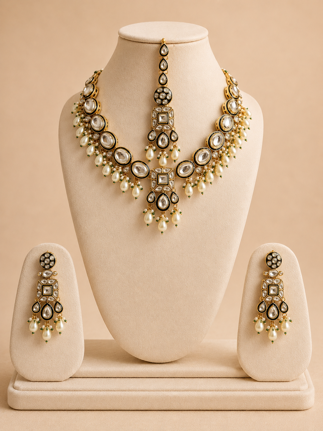 Royal Kundan Pearl Bridal Jewellery Set with Earrings & Maang Tikka