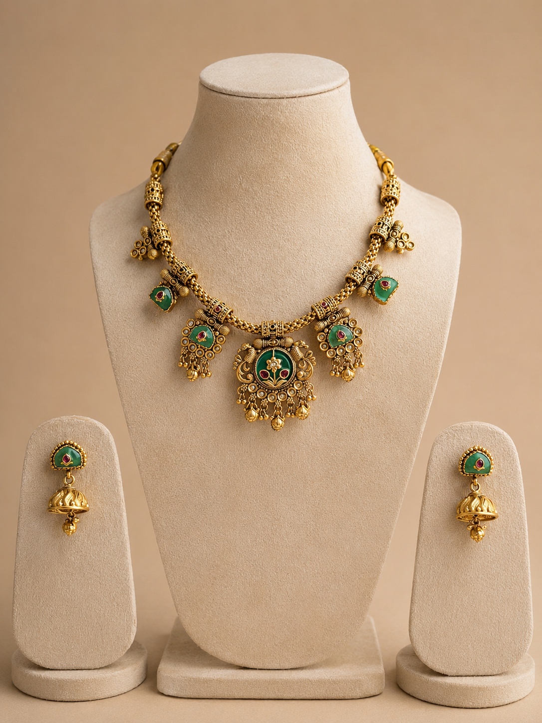 Royal Antique Green Stone Necklace Set with Jhumka Earrings