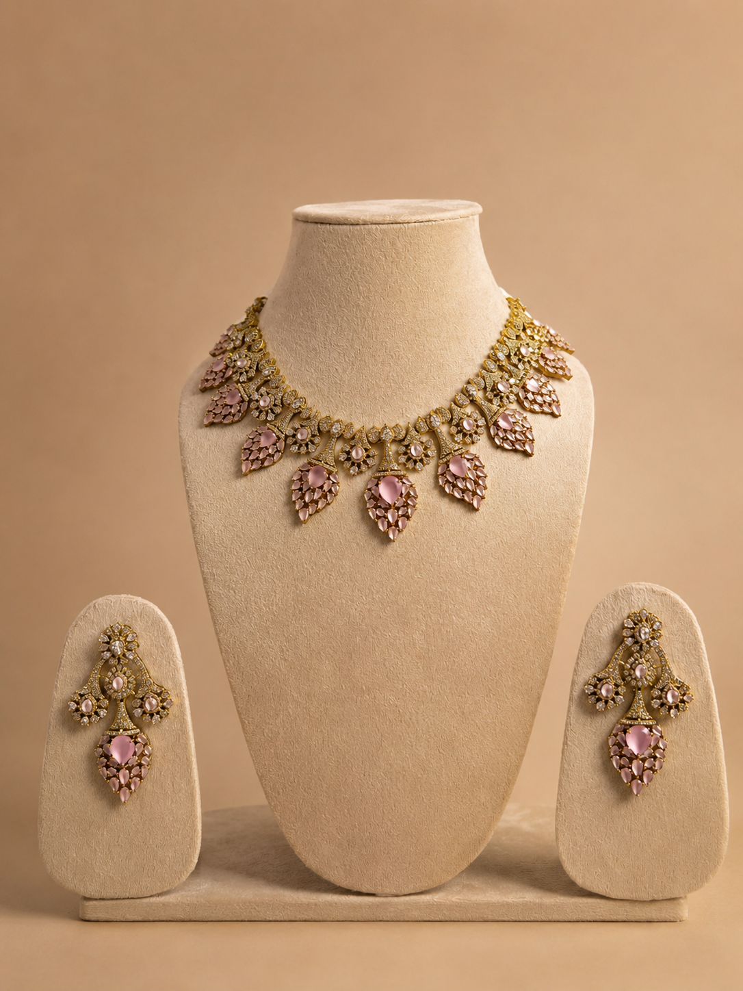 Blush Pink Crystal Leaf Statement Necklace Set