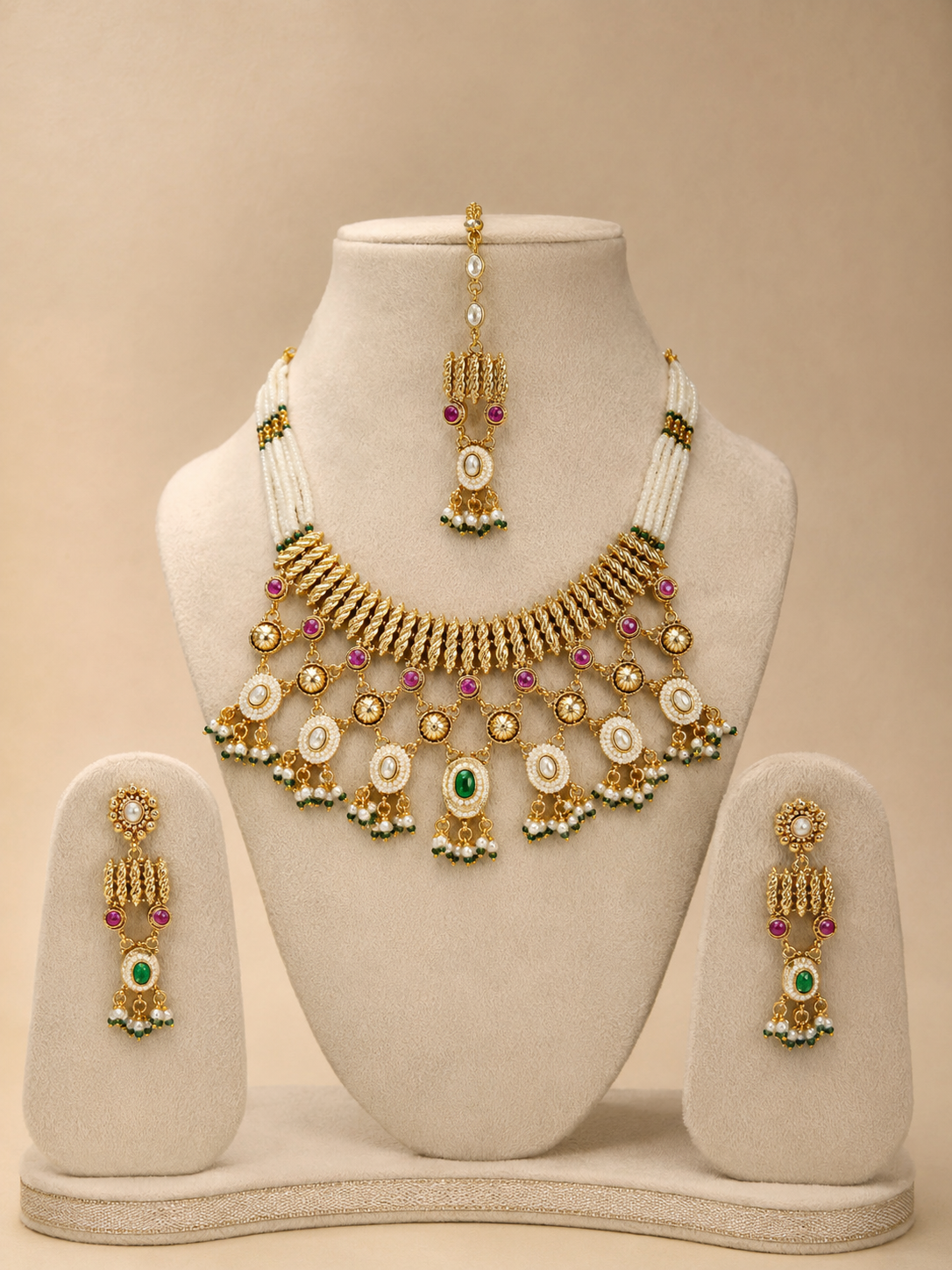 Royal Traditional Pearl Beaded Kundan Necklace Set with Earrings