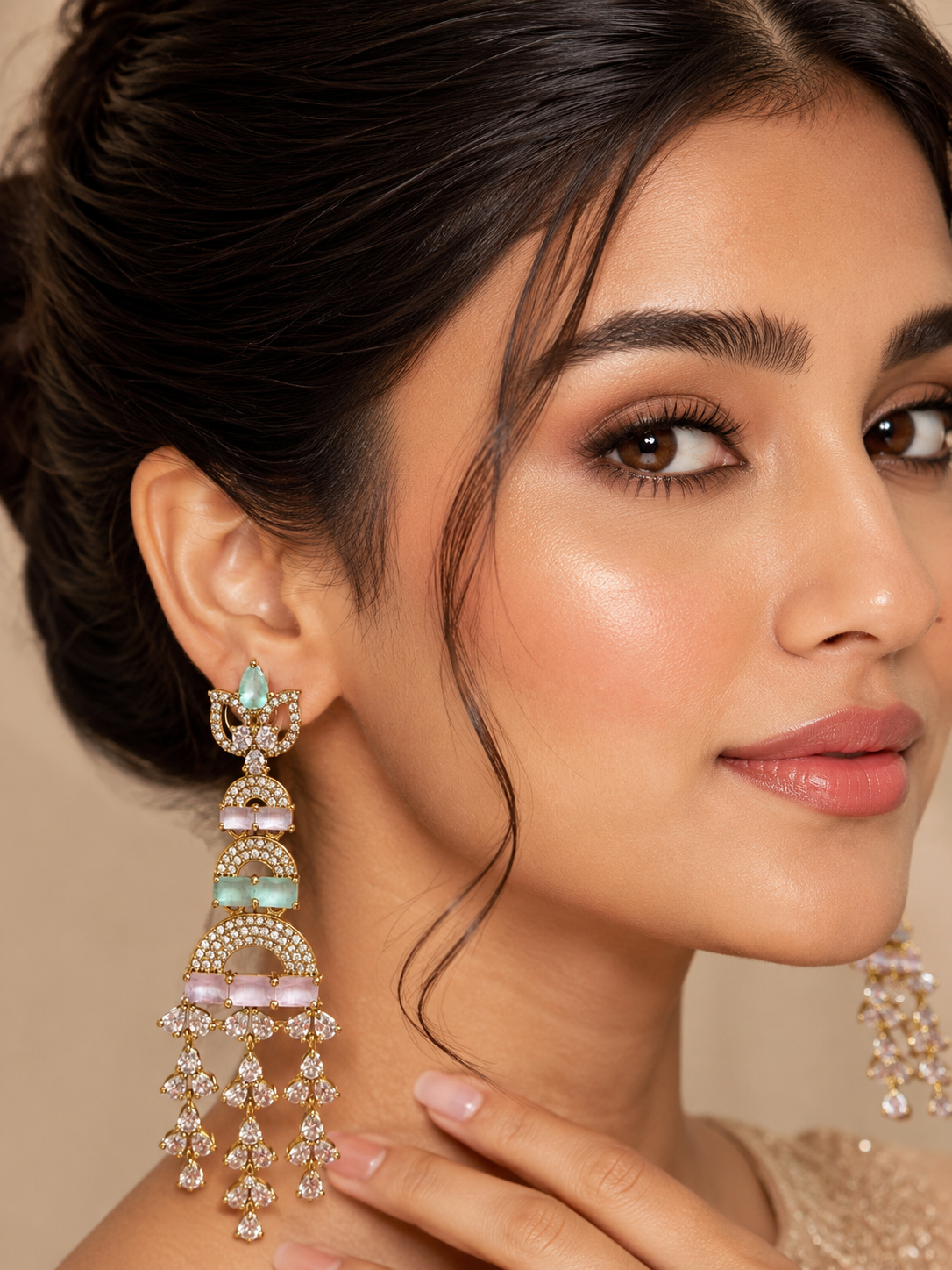 Pastel Crystal Cascade Chandbali Earrings