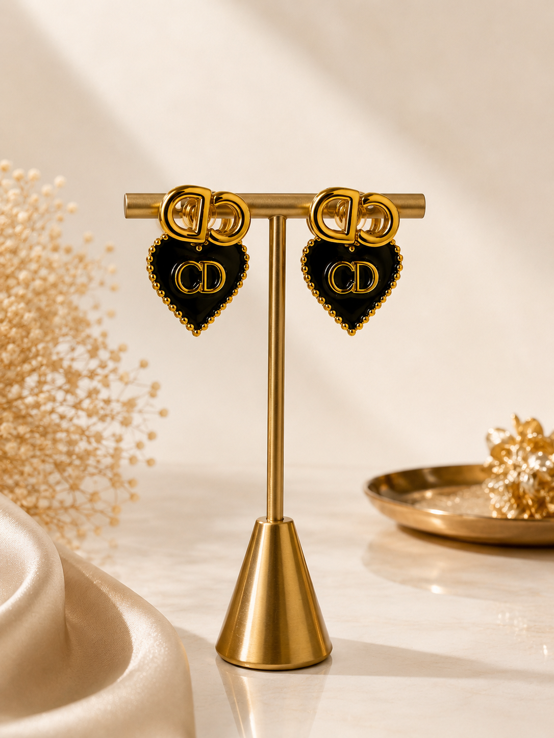 Golden Noir Heart Charm Earrings