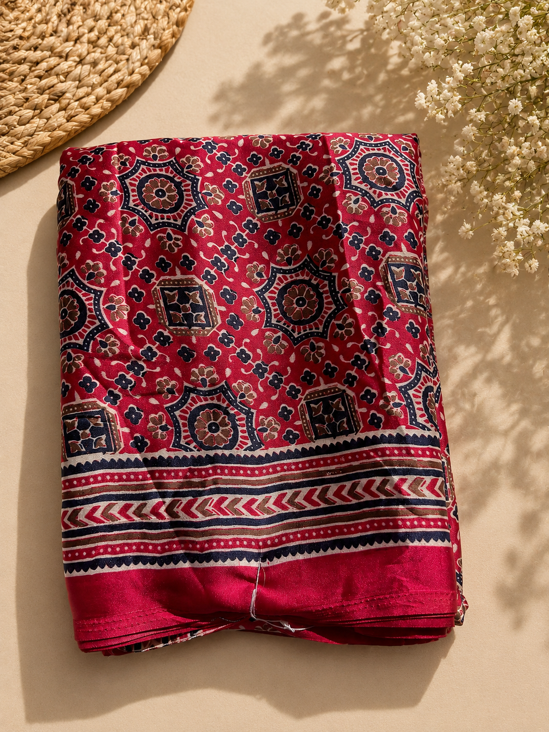 Elegant Printed Satin Saree with Traditional Floral & Stripe Design