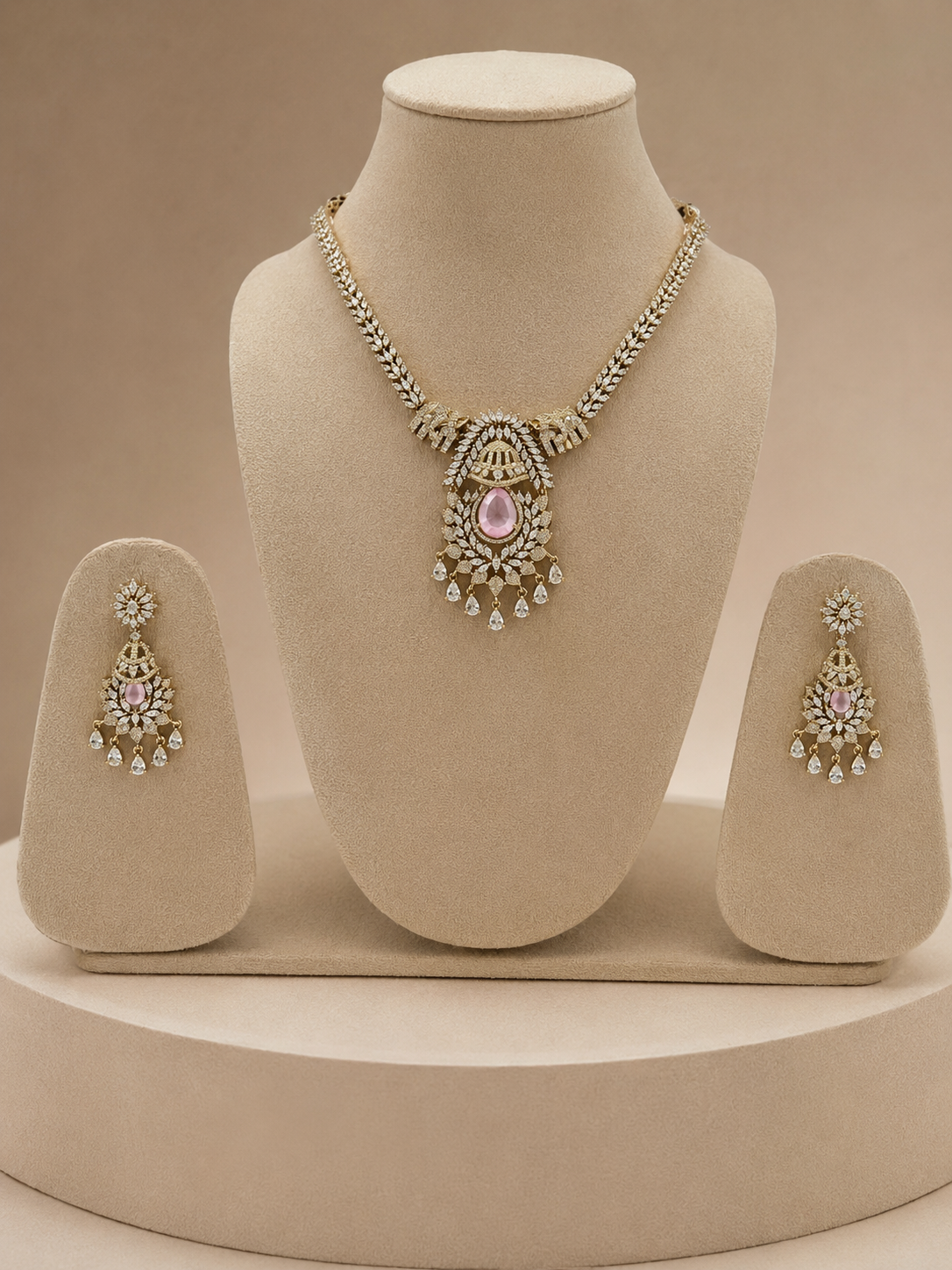 Royal Blush Pink Stone Necklace Set with Matching Earrings | Premium Bridal Jewellery