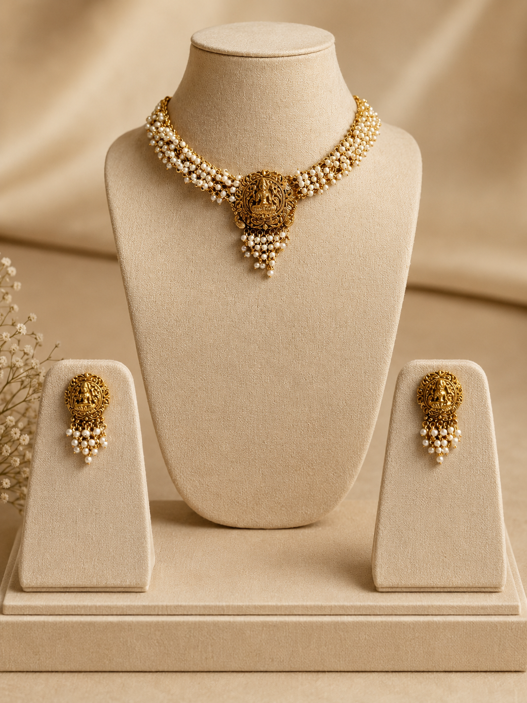 Temple Pearl Antique Gold Choker Set