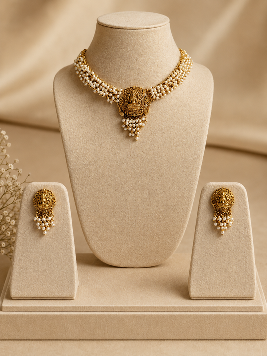 Temple Pearl Antique Gold Choker Set