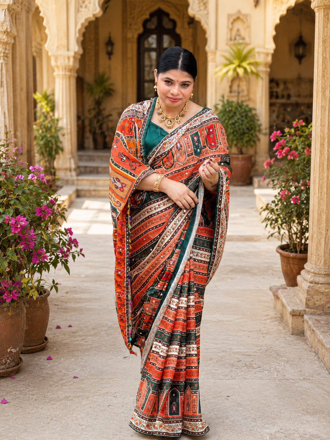 Elegant Multicolor Printed Saree with Mirror Work & Tassel Border