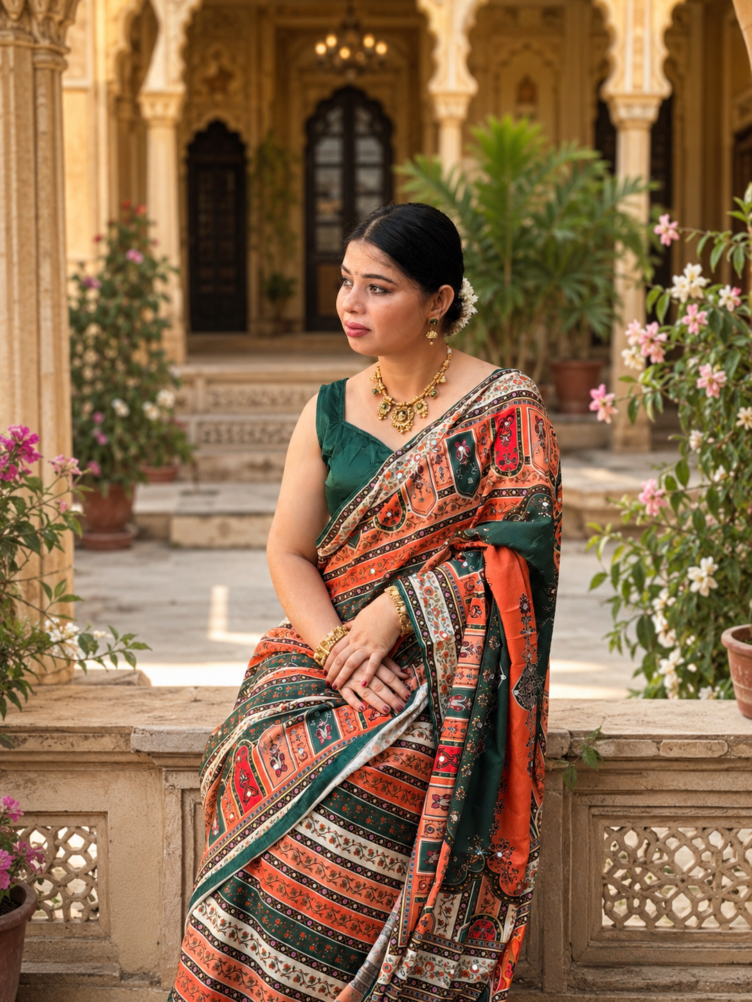 Elegant Multicolor Printed Saree with Mirror Work & Tassel Border