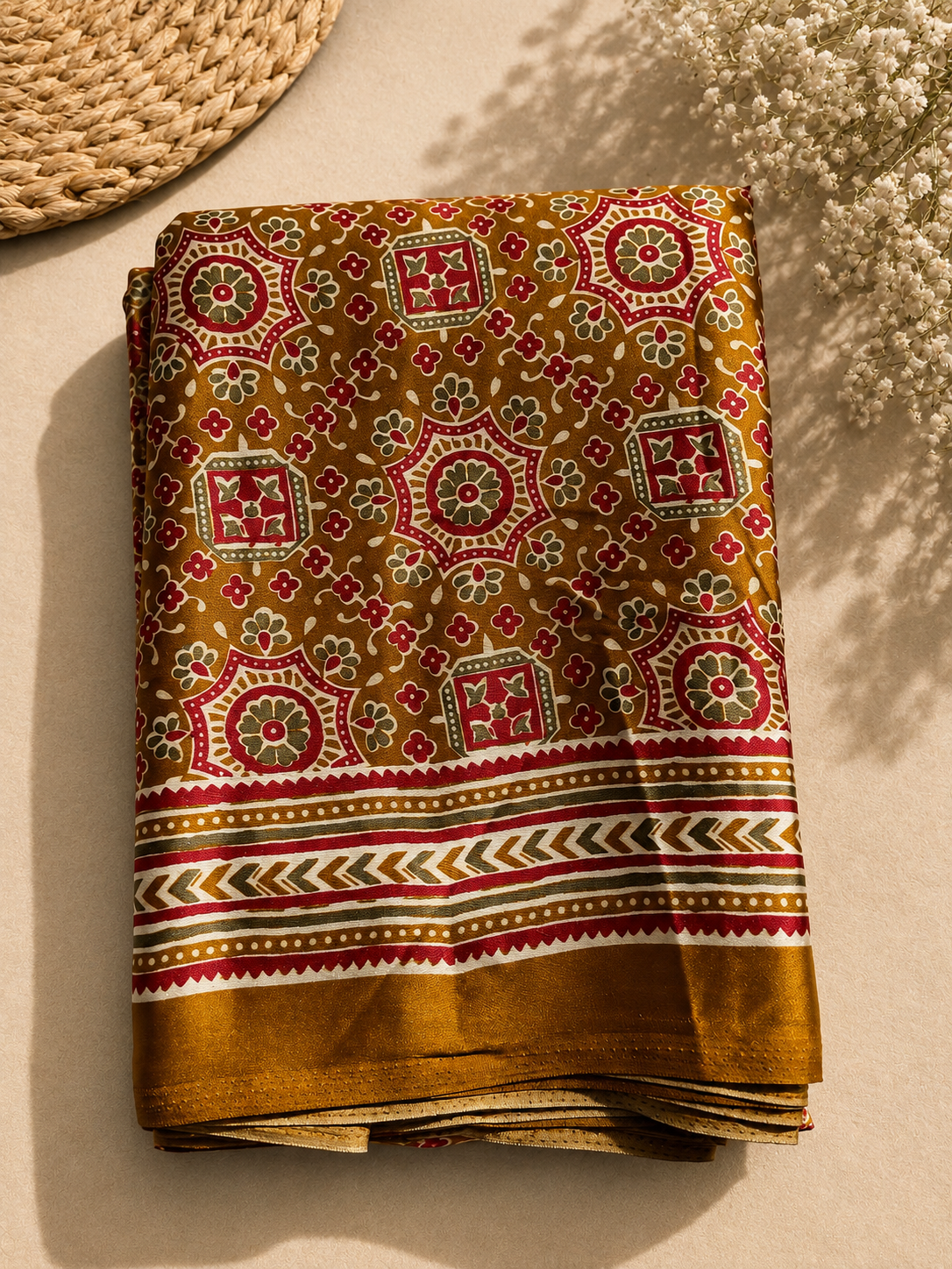 Elegant Printed Satin Saree with Traditional Floral & Stripe Design