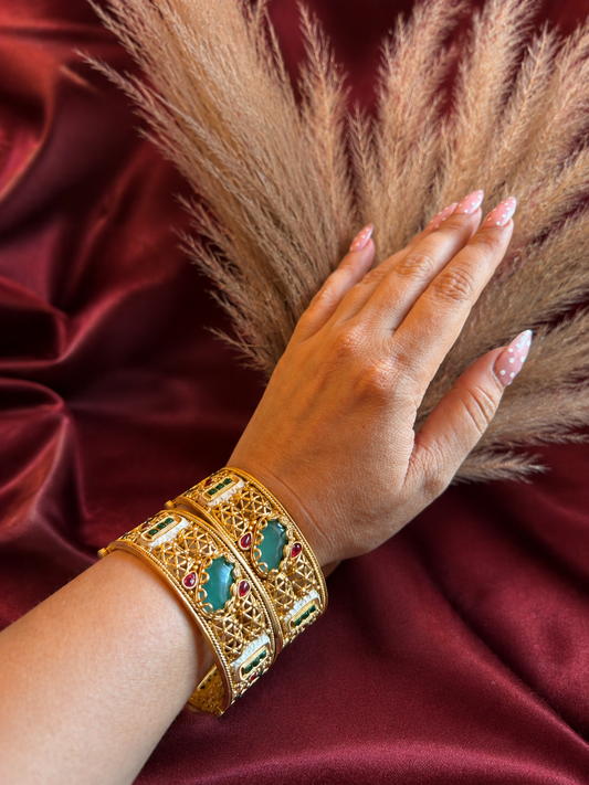Turquoise Kundan Antique Gold Designer Bangles