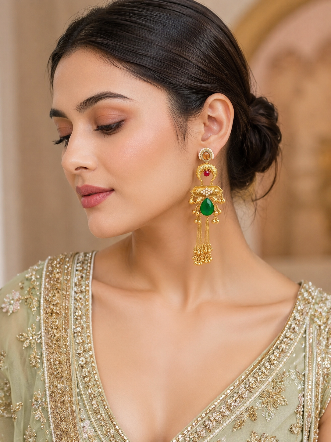 Emerald Tassel Royale Chandbali Earrings
