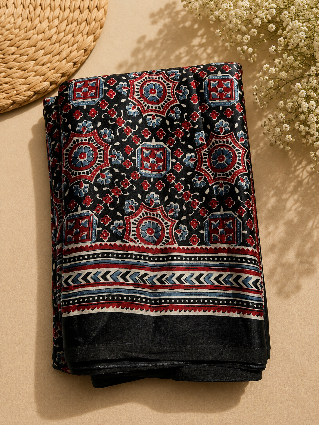 Elegant Printed Satin Saree with Traditional Floral & Stripe Design