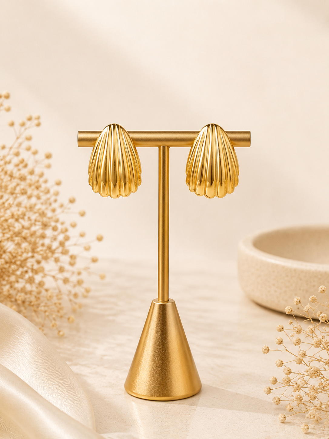 Golden Pleated Shell Stud Earrings