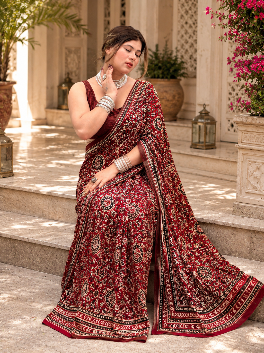 Elegant Printed Satin Saree with Traditional Floral & Stripe Design