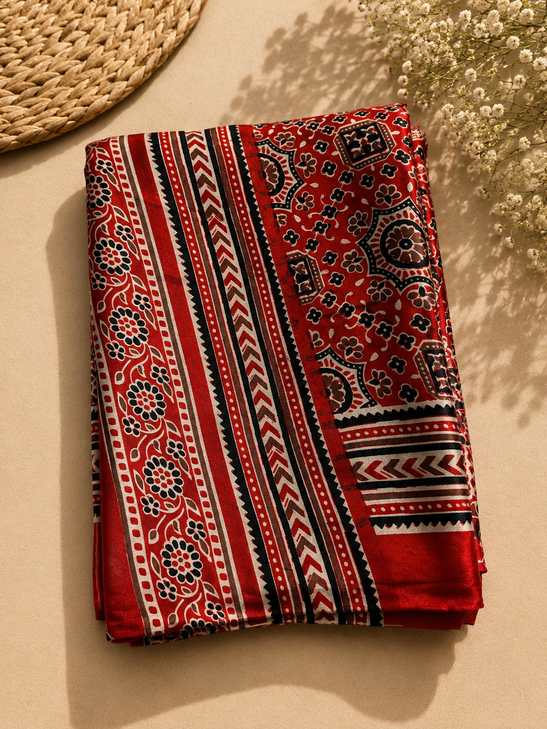 Elegant Printed Satin Saree with Traditional Floral & Stripe Design