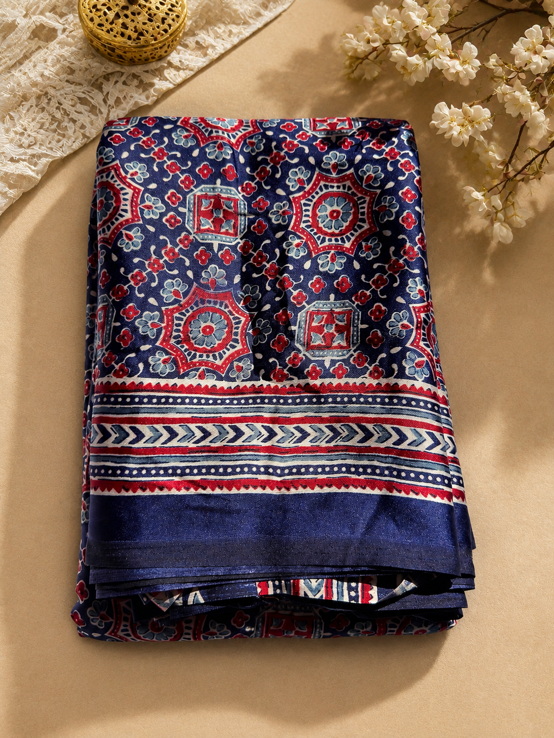 Elegant Printed Satin Saree with Traditional Floral & Stripe Design