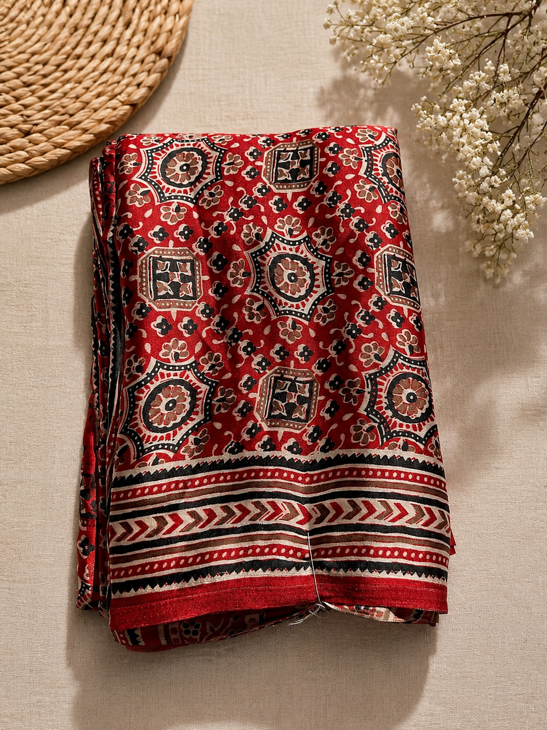 Elegant Printed Satin Saree with Traditional Floral & Stripe Design