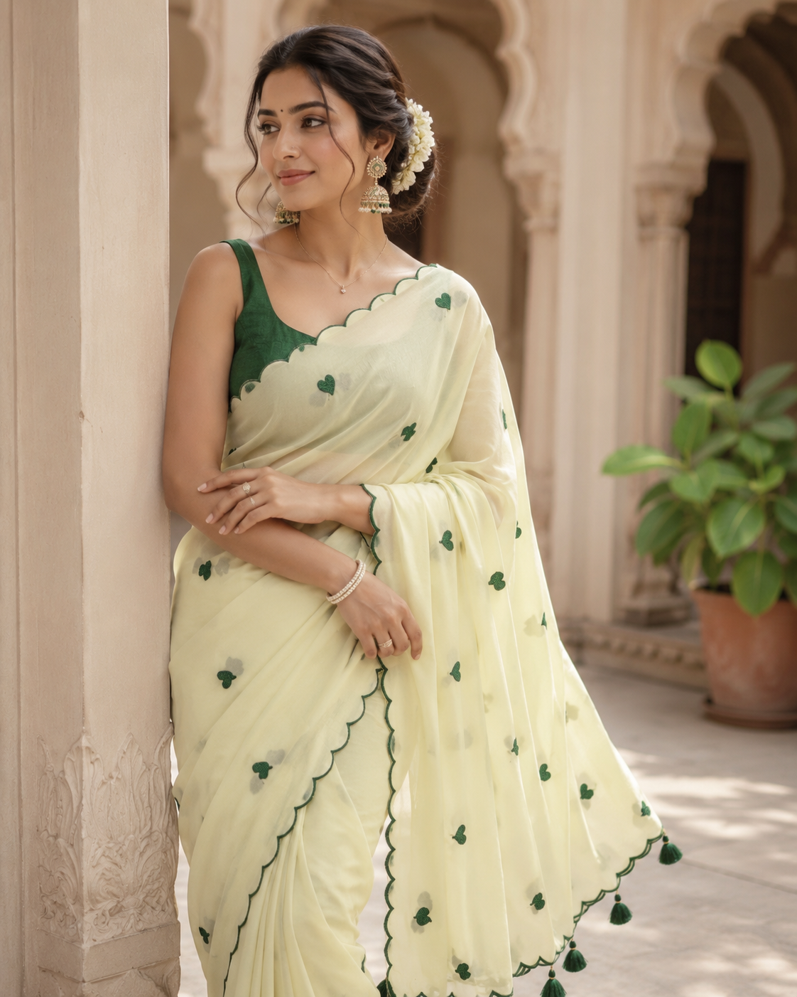 💚 Elegant Cream & Bottle Green Heart Embroidered Saree with Tassels