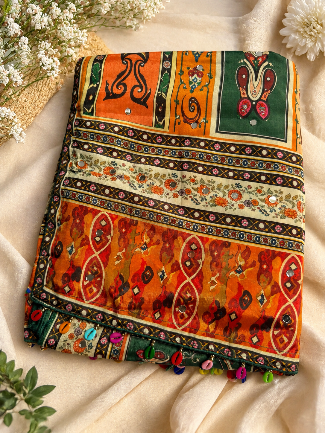 Elegant Multicolor Printed Saree with Mirror Work & Tassel Border