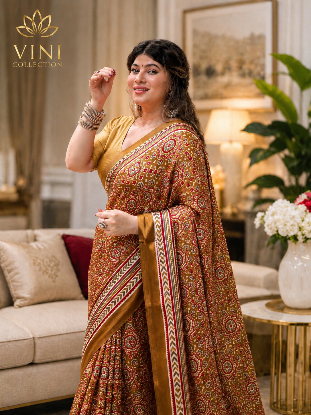 Elegant Printed Satin Saree with Traditional Floral & Stripe Design