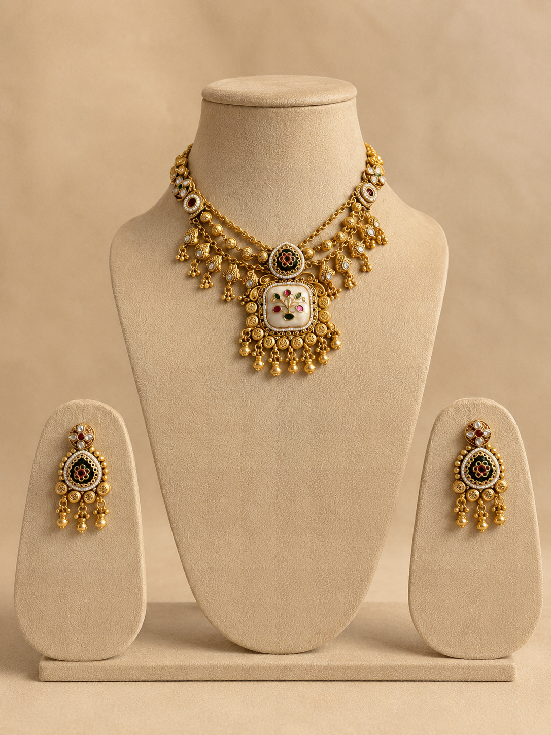 Antique Gold Meenakari Pendant Necklace Set