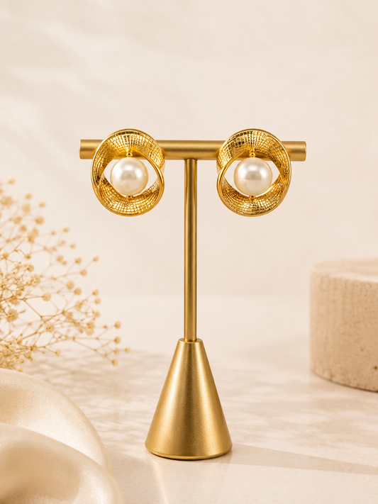 Golden Halo Pearl Stud Earrings