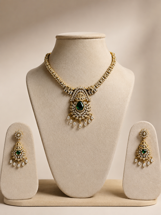 Royal Emerald Drop Necklace Set – Luxury CZ Bridal Jewellery