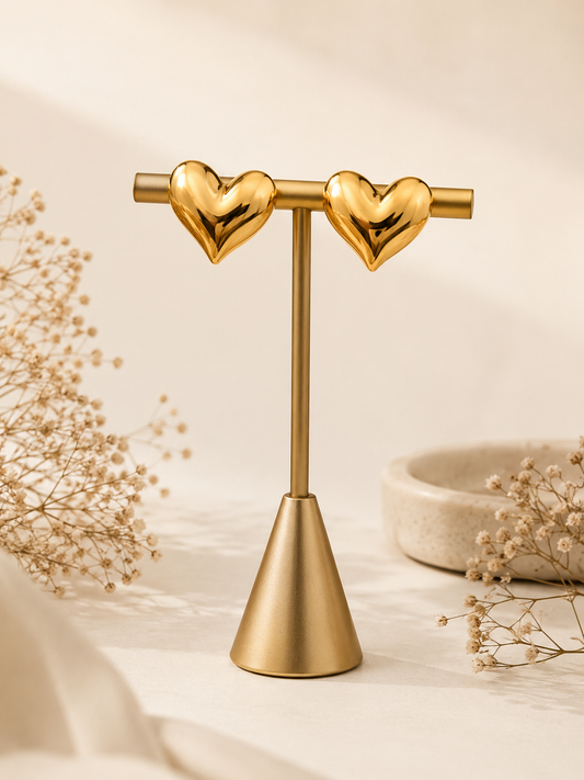 Golden Puffy Heart Stud Earrings