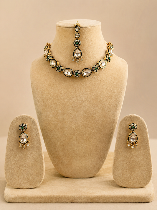 Royal Polki Kundan Multicolor Necklace Set with Matching Earrings & Maang Tikka