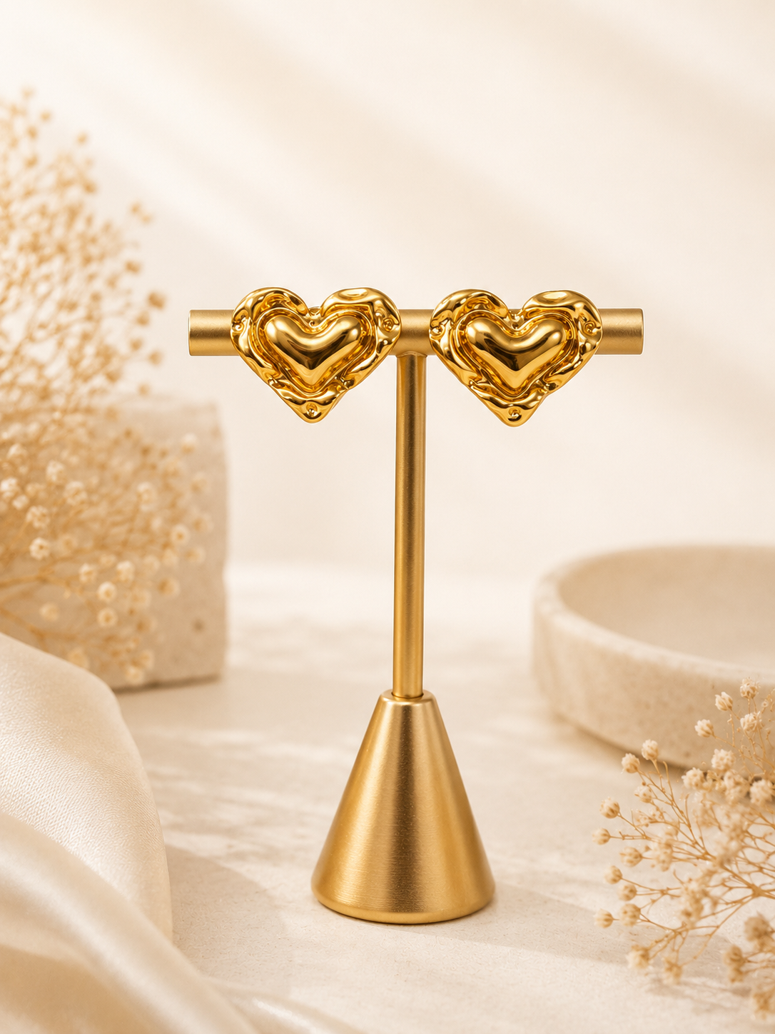 Golden Heart Charm Stud Earrings