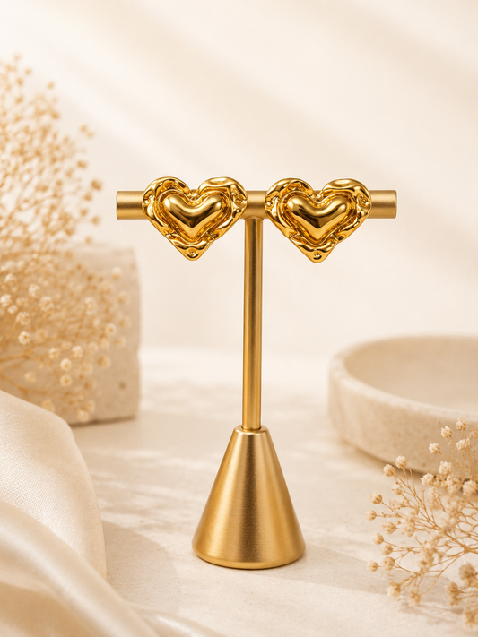 Golden Heart Charm Stud Earrings
