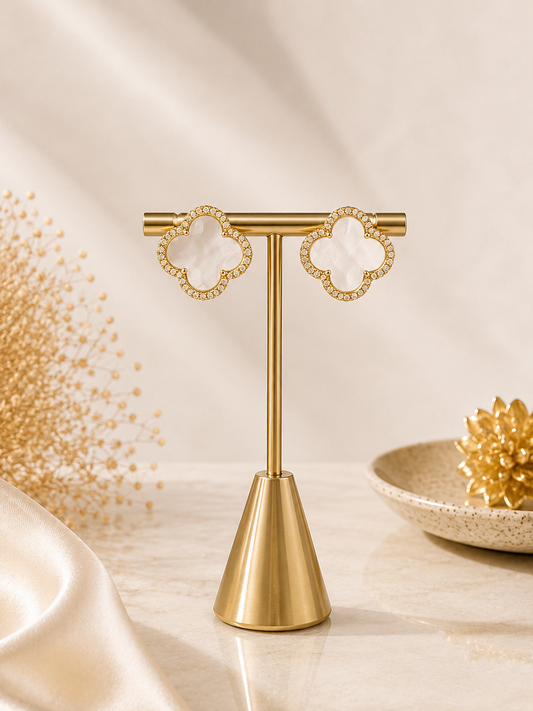 Golden Clover Pearl Stud Earrings