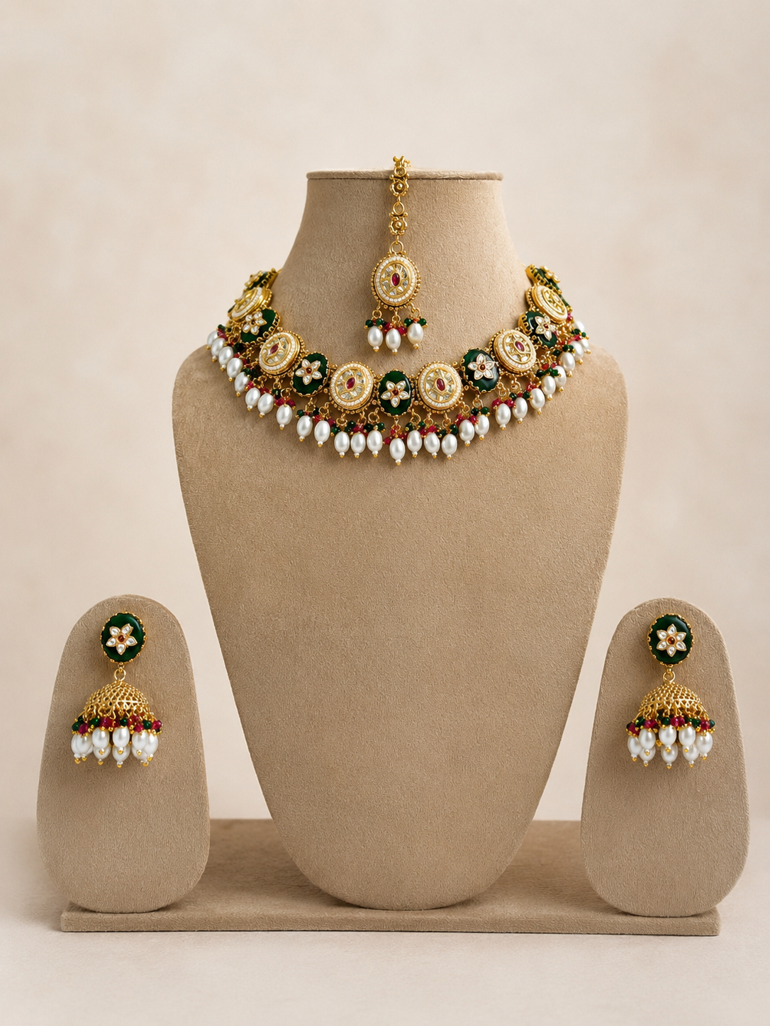 Royal Emerald Pearl Jhumka Choker Set