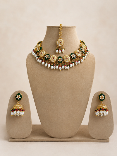 Royal Emerald Pearl Jhumka Choker Set