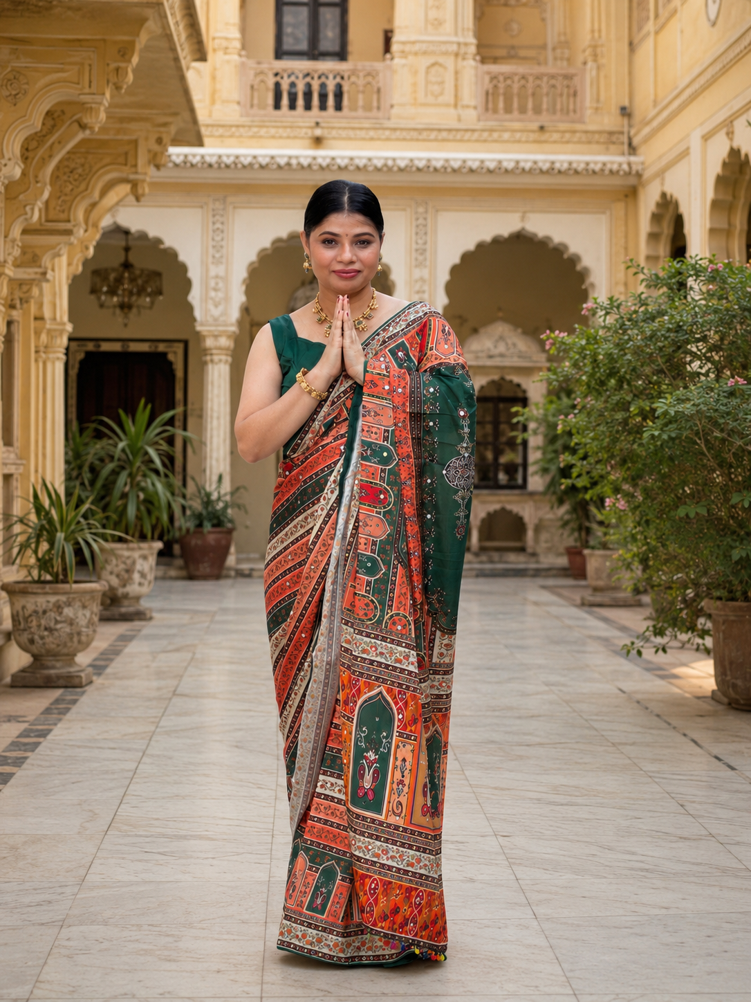 Elegant Multicolor Printed Saree with Mirror Work & Tassel Border