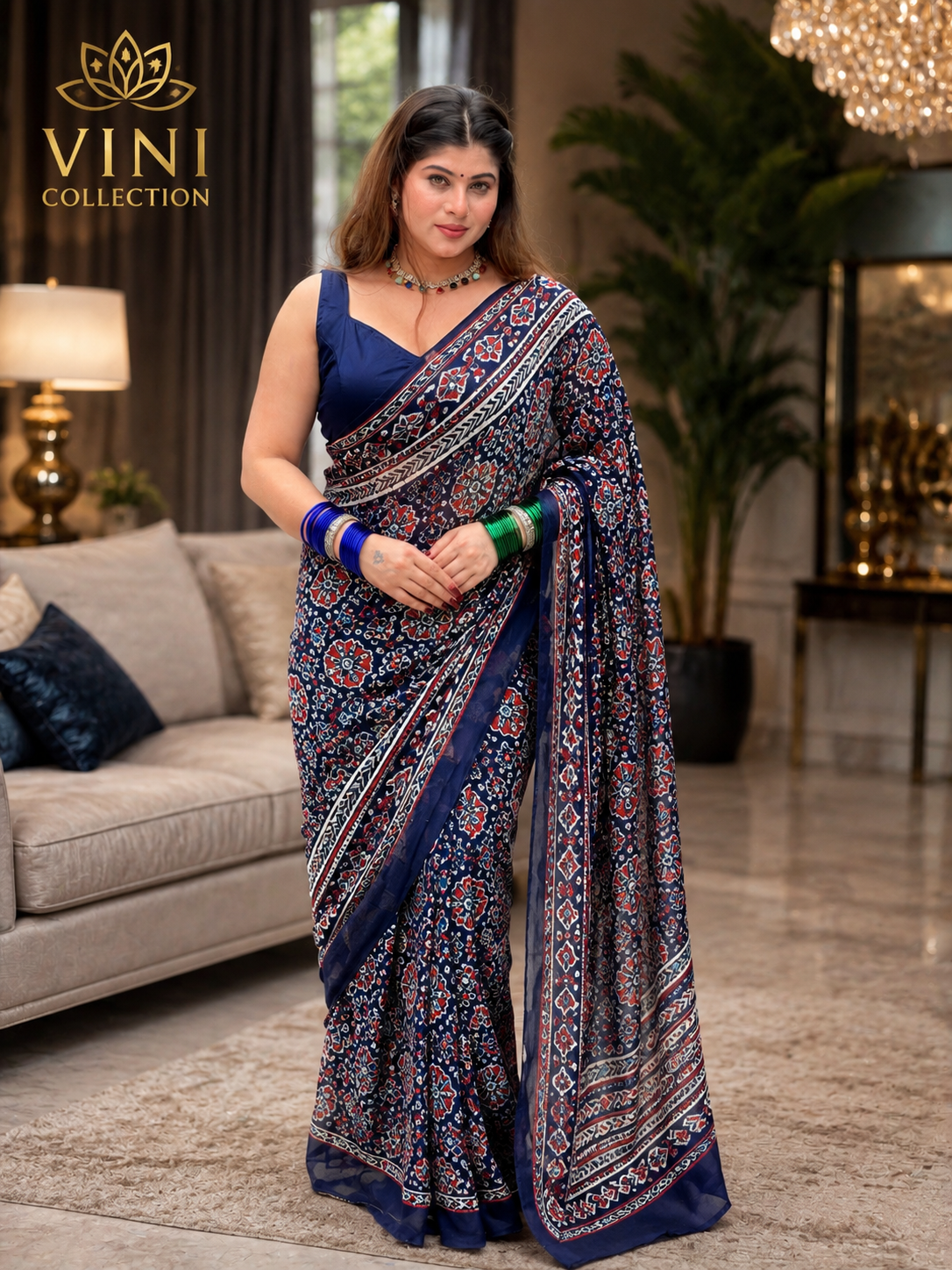Elegant Printed Satin Saree with Traditional Floral & Stripe Design