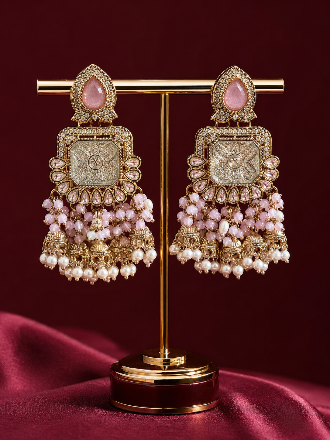 Blush Pink Kundan Pearl Tassel Earrings