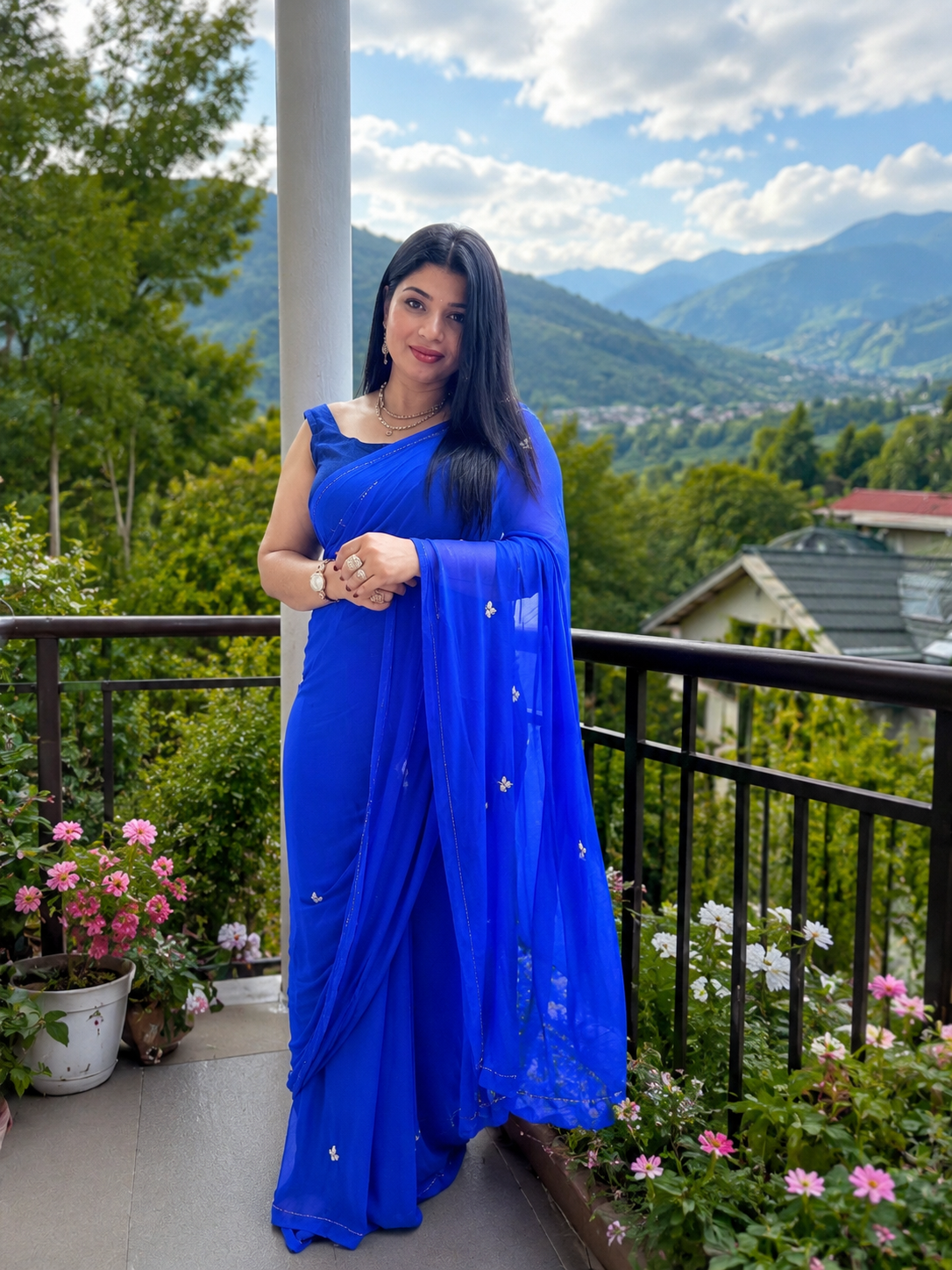 Pure chiffon blue saree