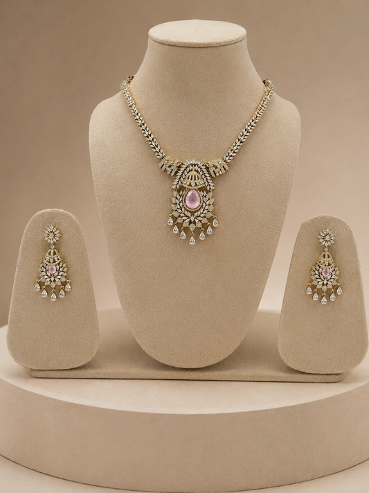 Royal Blush Pink Stone Necklace Set with Matching Earrings | Premium Bridal Jewellery