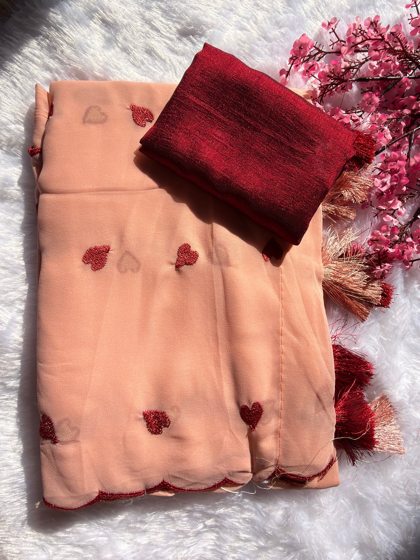 Blush Pink Heart Embroidered georgette Saree with Tassel Border