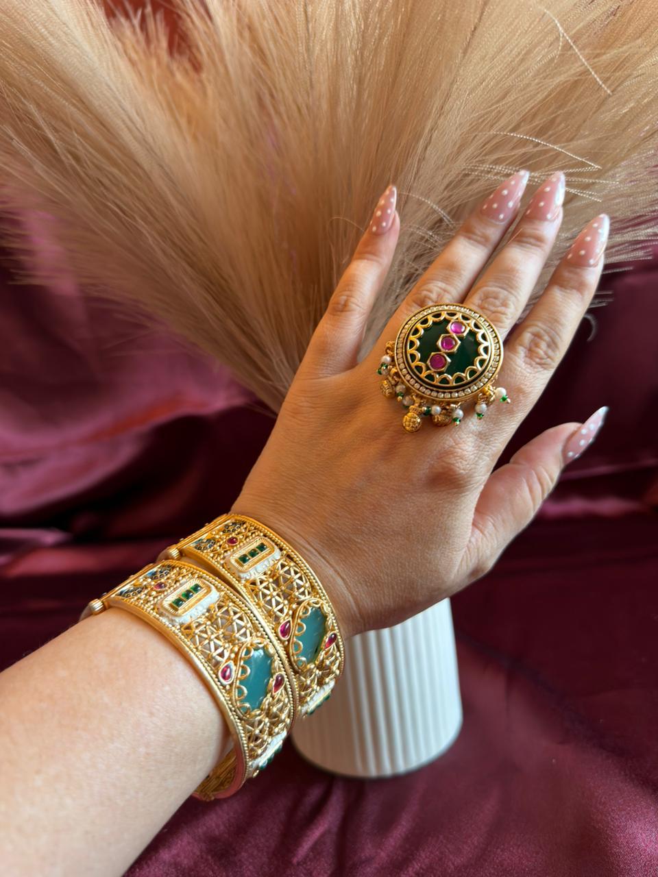 Turquoise Kundan Antique Gold Designer Bangles
